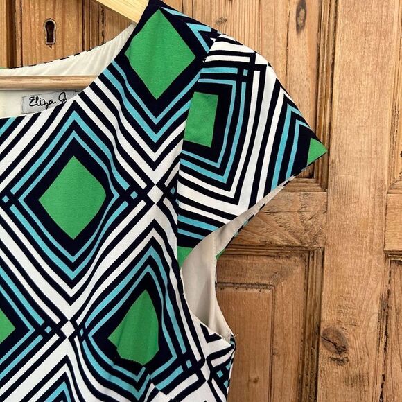 Eliza J Size 8 Dress Diamond Pattern Short Sleeve Navy Blue Green White Shift - Picture 5 of 6